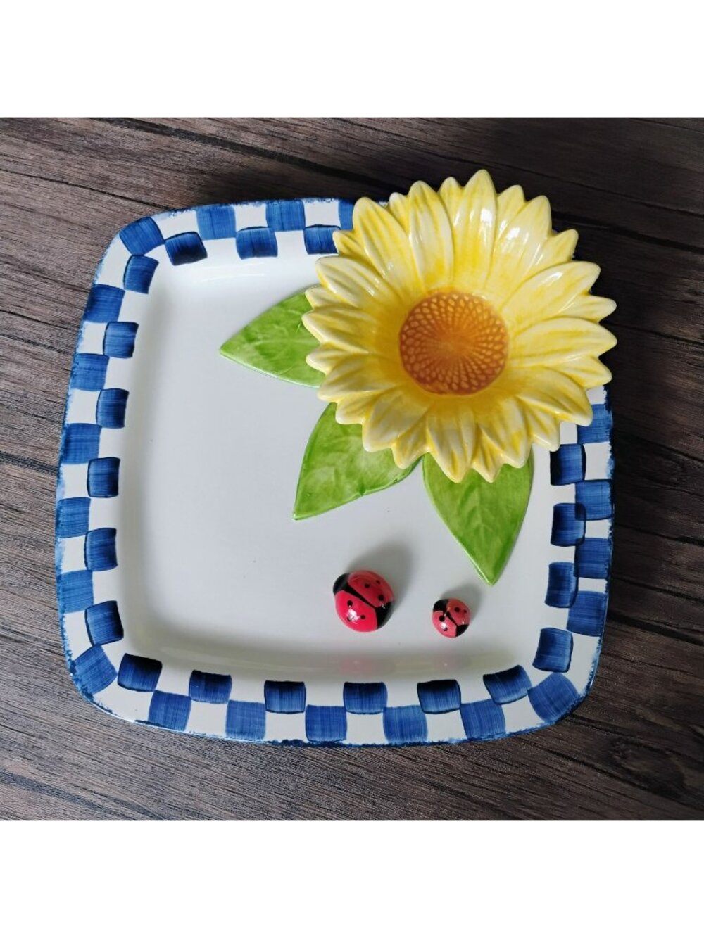 Vintage Cali Pottery Ceramic 3-D Sunflower & Ladybugs Chip and Dip Platter 11"